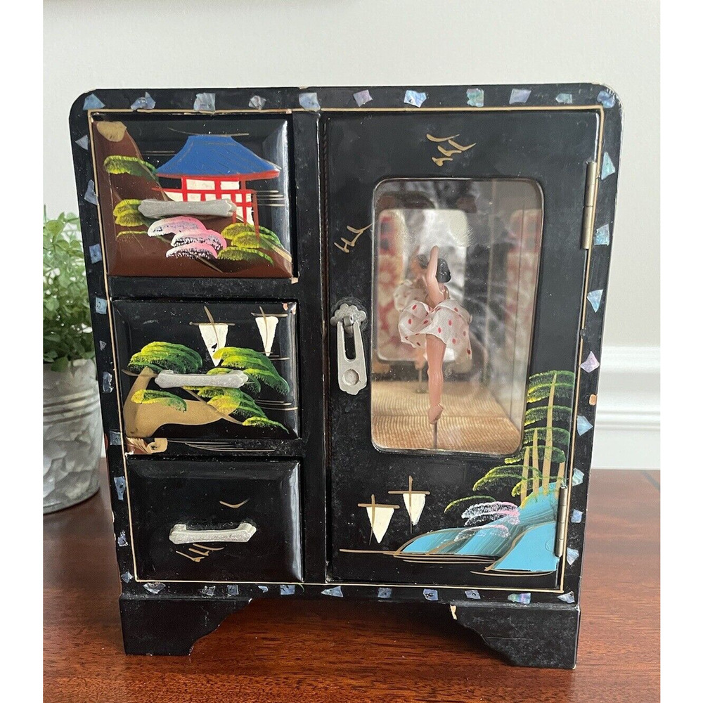 Vintage Black Lacquer Japanese Jewelry Box Ballerina Music Box Hand-painted